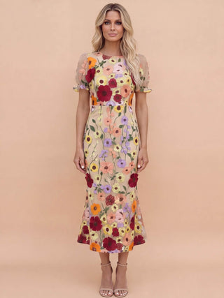 3D Floral Appliqué Midi Dress