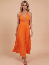 Pleated Satin Halter Maxi Dress