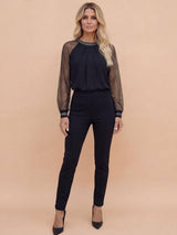 Sequin Mesh-Sleeve Evening Top