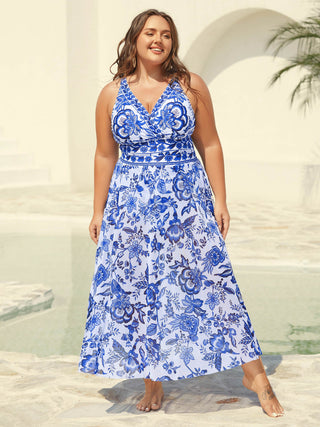 Plus Size Floral Swimsuit & Mesh Sarong Set