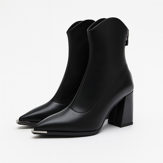 Pointed-Toe Chrome-Tip Ankle Boots