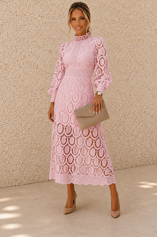 Jasmine Shell Pink Lace Midi Dress