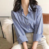 Striped Lantern-Sleeve Blouse