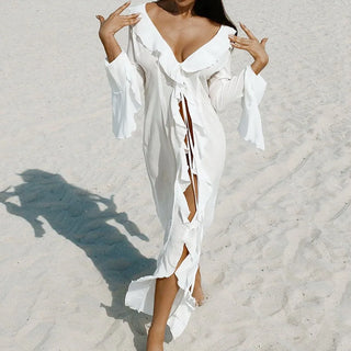 Ruffle-Sleeve V-Neck Beach Dress
