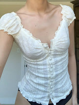 Lace Corset-Seam Button-Up T-Shirt