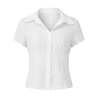 Button-Up Short-Sleeve Cropped Blouse