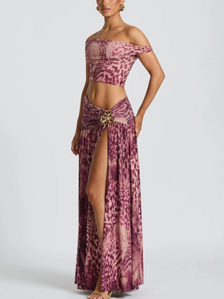 Printed Halter Top & Ruched Midi Skirt Set