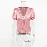 Printed Lace V-Neck Crop T-Shirt
