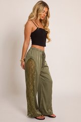 Khaki Lace-Panel Satin Wide-Leg Trousers