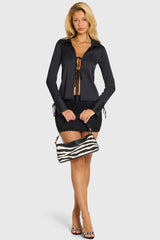 Black Satin Tie-Front Long-Sleeve Shirt