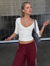 Ribbed V-Neck 3/4-Sleeve Top – White