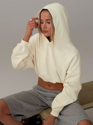 Bubble-Hem Cropped Hoodie – Beige