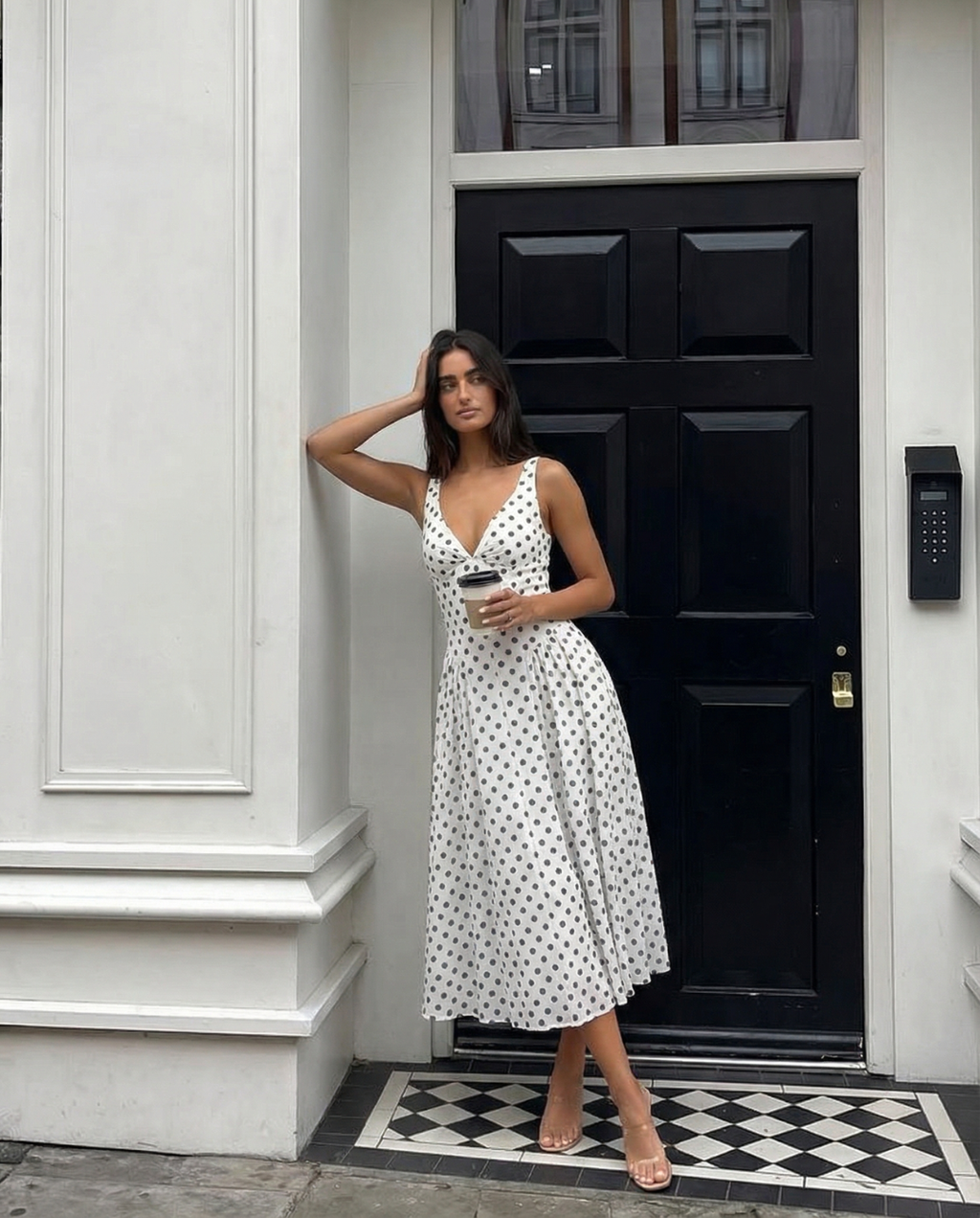 Polka Dot V-Neck Pleated Midi Dress