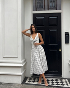 Polka Dot V-Neck Pleated Midi Dress