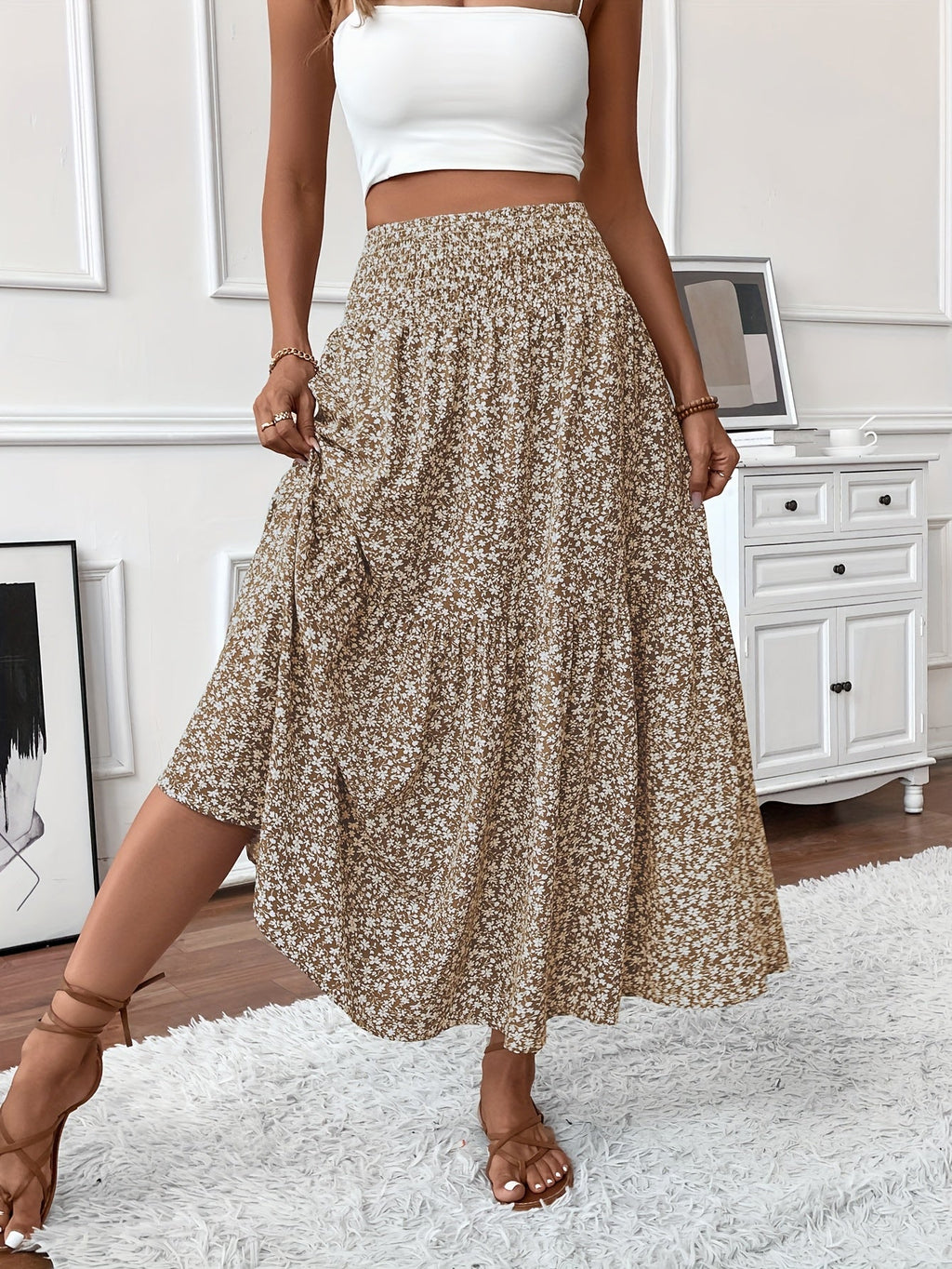 Elena Ditsy Floral Midi Skirt – Beige/Multi