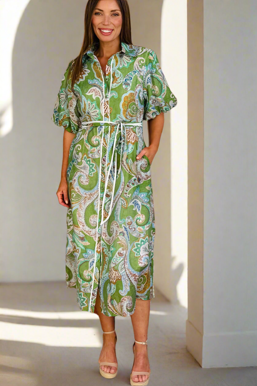 Leah Paisley Midi Shirt Dress – Green by Aurelia Sun