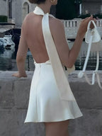 Women's Halter Neck Backless Mini Dress – Beige