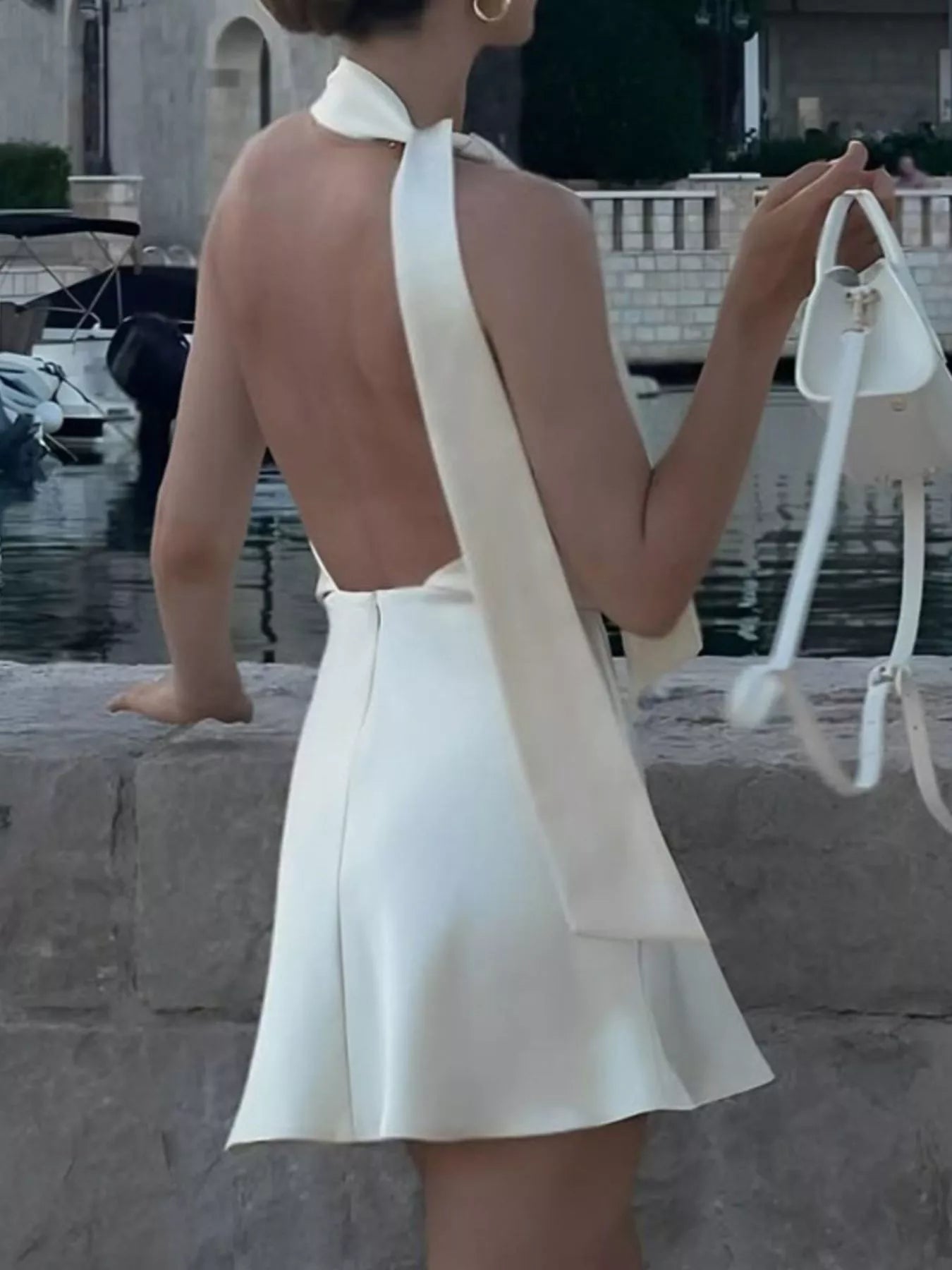 Women's Halter Neck Backless Mini Dress – Beige