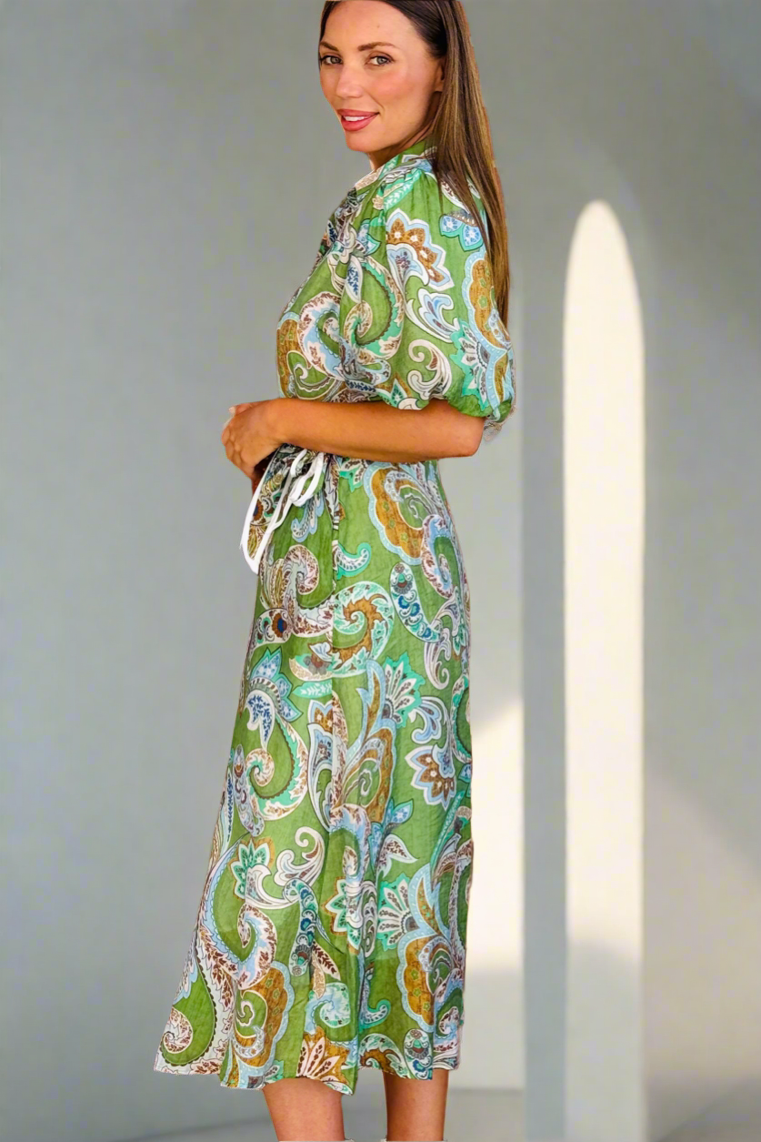 Leah Paisley Midi Shirt Dress – Green by Aurelia Sun