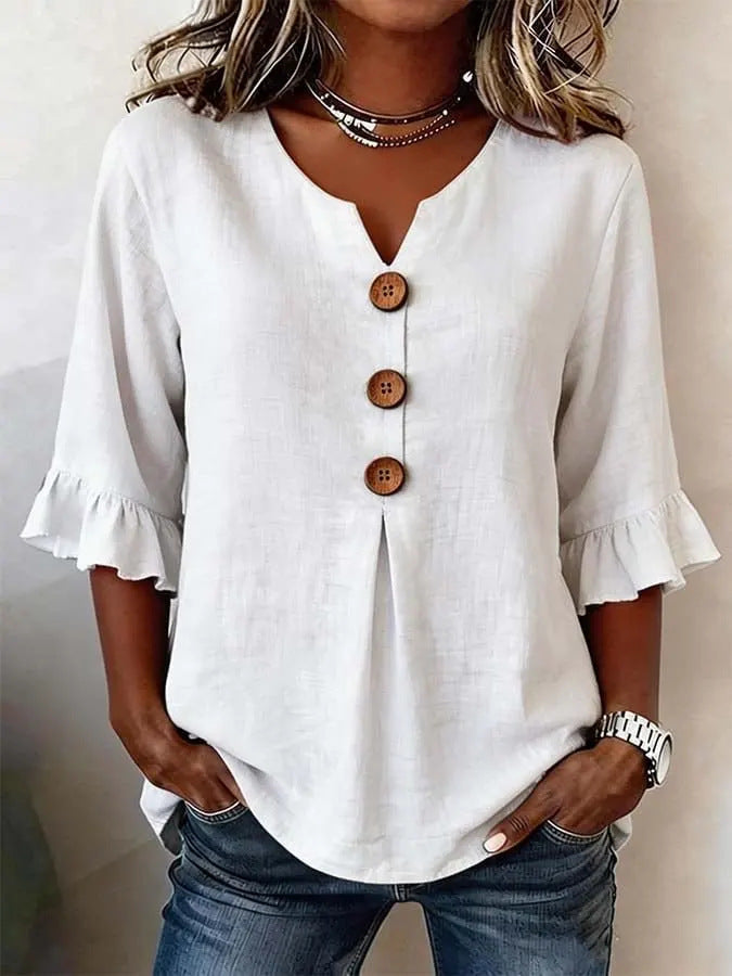 Marit Ruffle Sleeve V Neck Blouse in White by Aurelia Sun