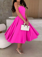 Women's Strapless Ruched Midi Dress – Pink