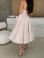 Women's Strapless Ruched Midi Dress – Beige