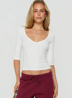 Ribbed V-Neck 3/4-Sleeve Top – White