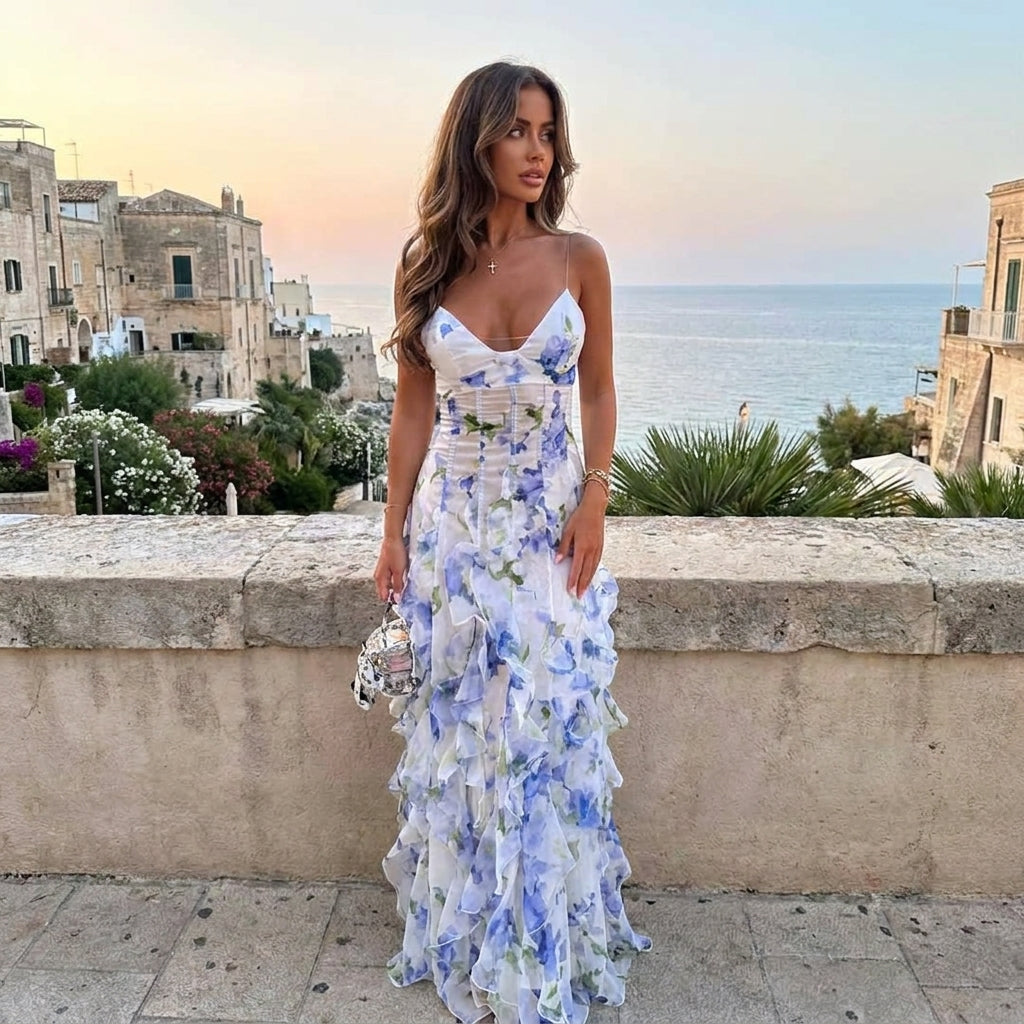 Floral Corset Ruffle Maxi Dress
