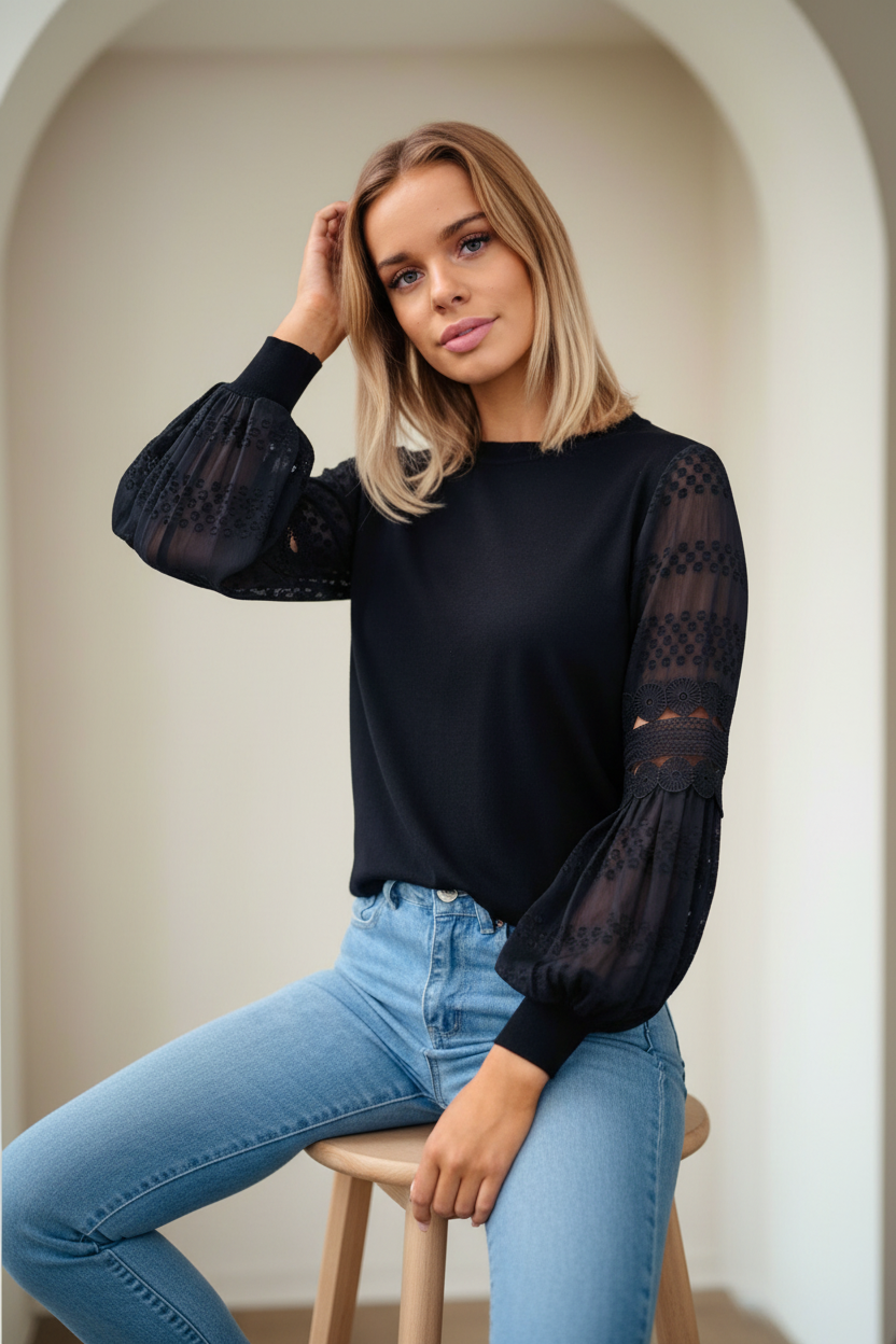 Molli Lace-Sleeve Knit Jumper – Black by Aurelia Sun