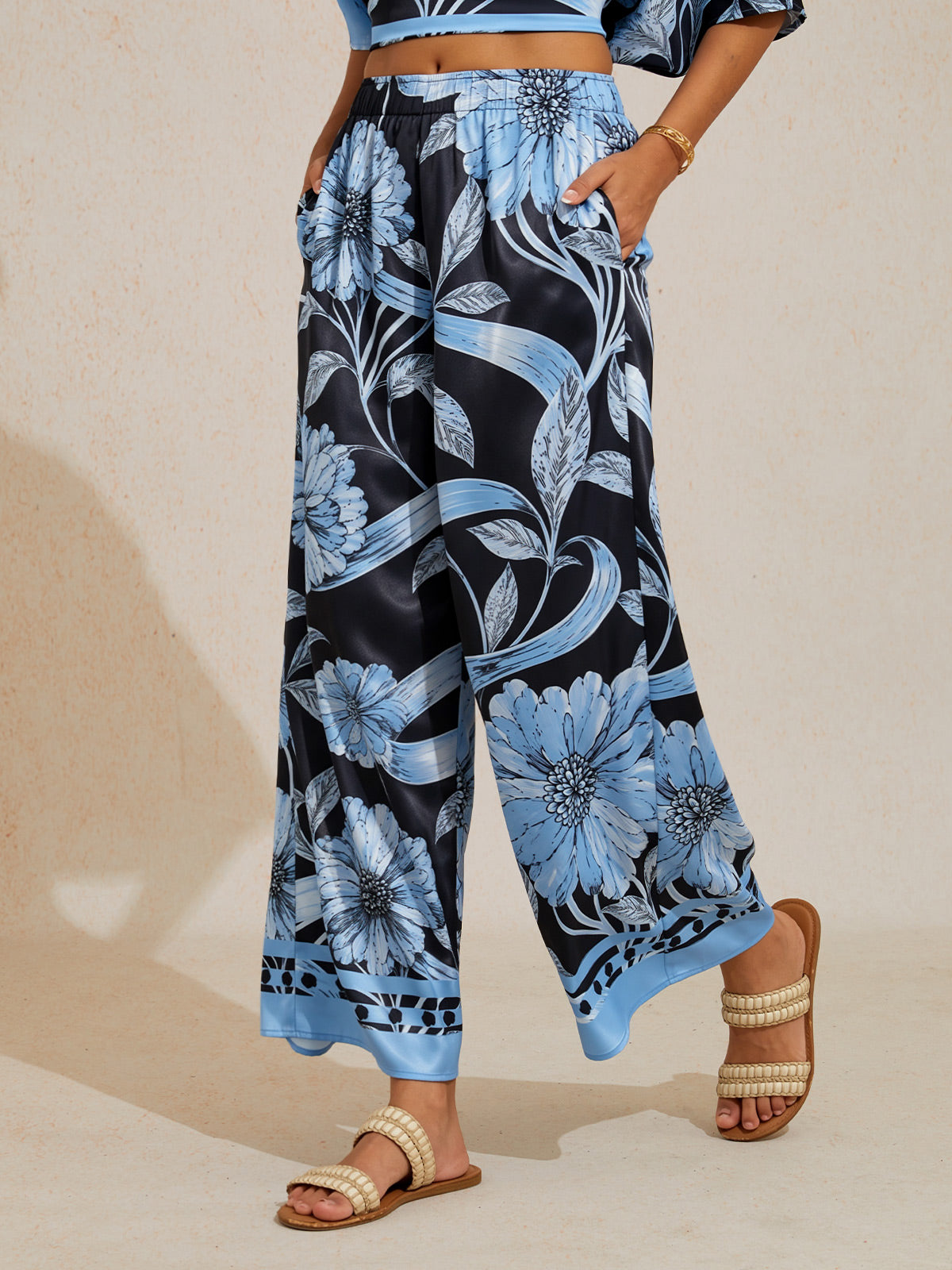 Golden Petal Satin Wide-Leg Pants by Aurelia Sun