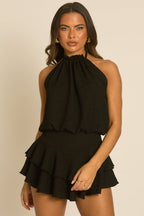 Black Textured Halter Ruffle Playsuit