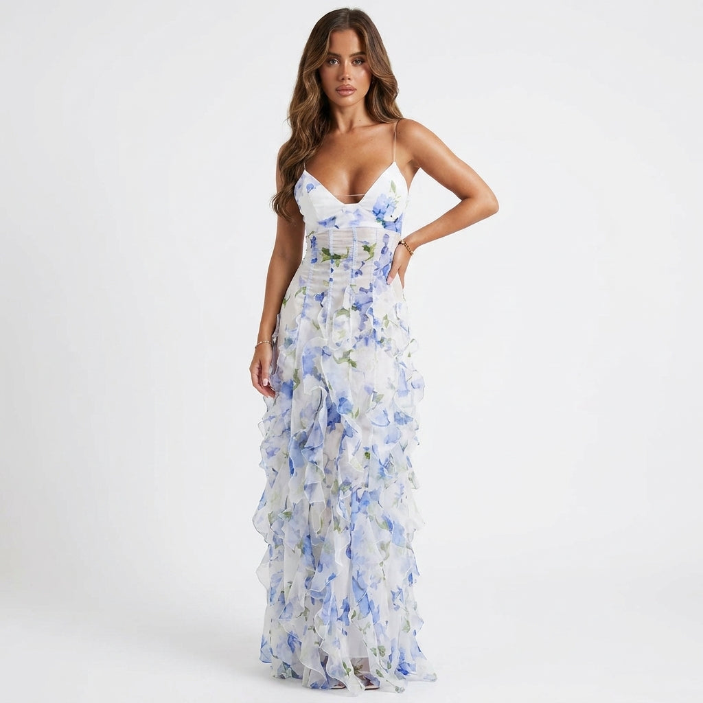 Floral Corset Ruffle Maxi Dress