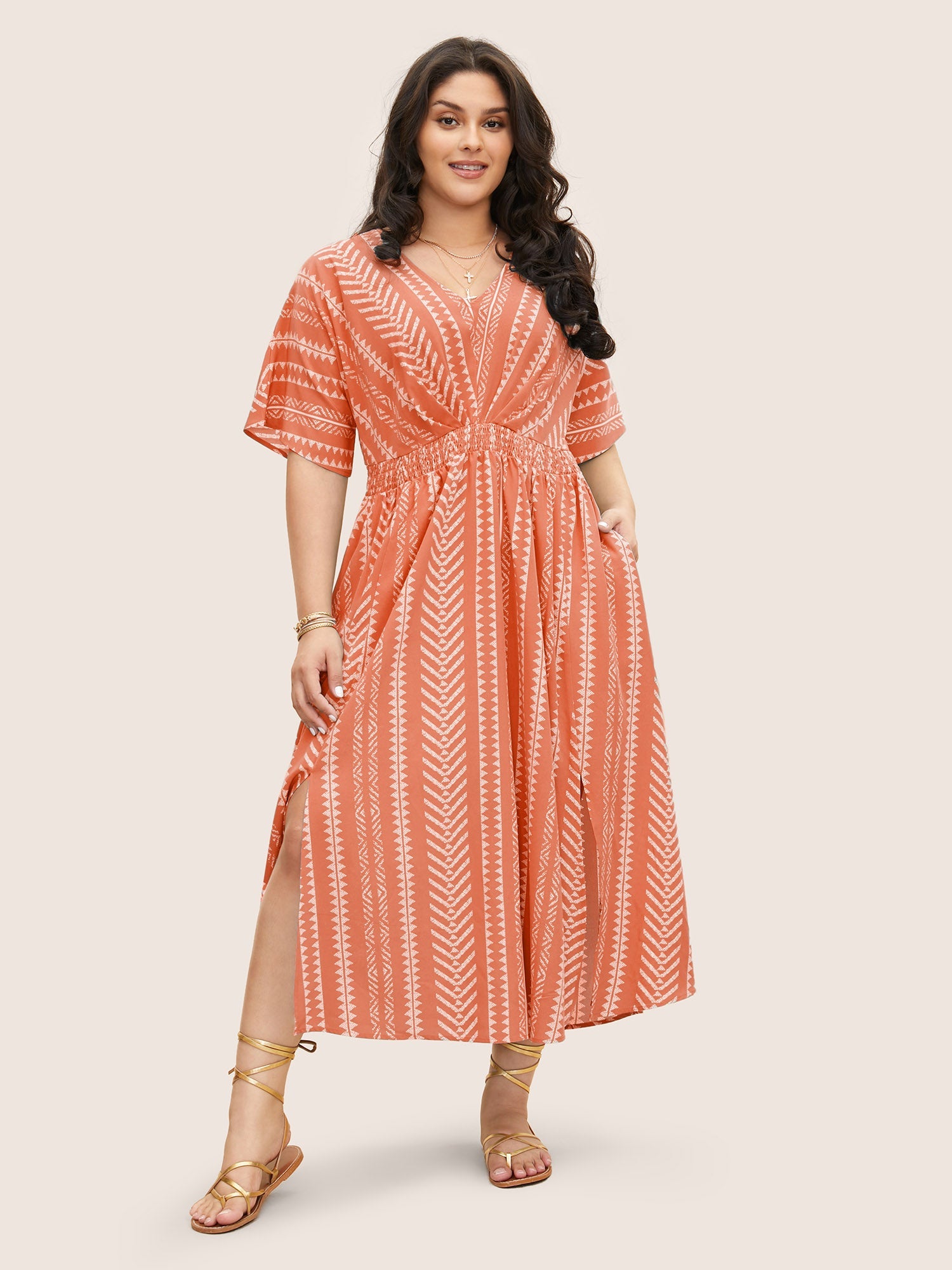 Plus Size Shirred Split-Hem Midi Dress