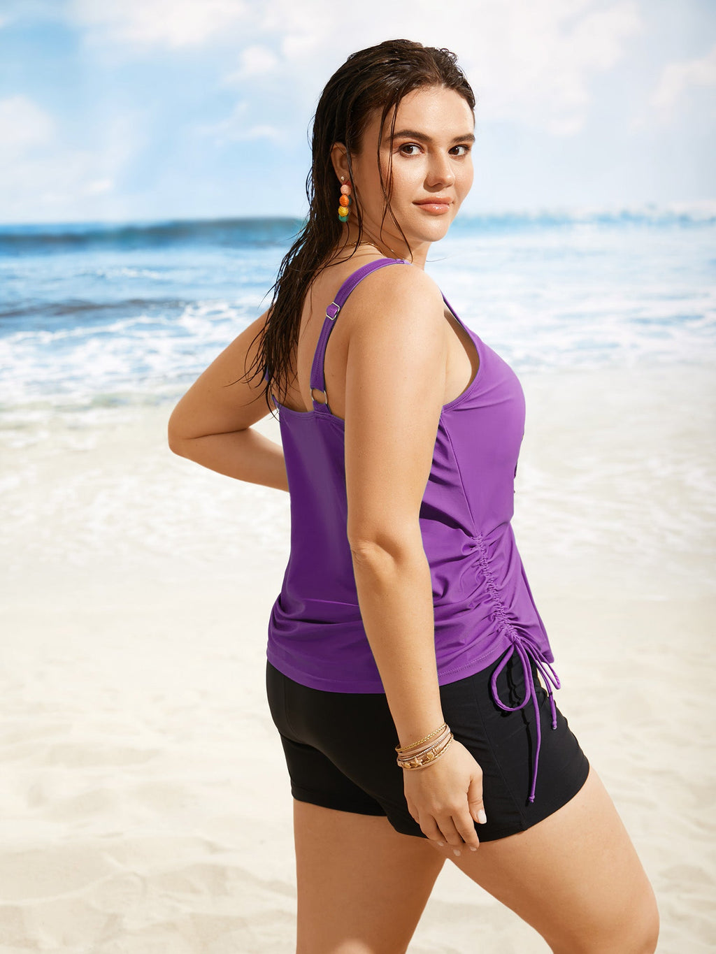 Plus Size Tropical Drawstring Swim Top