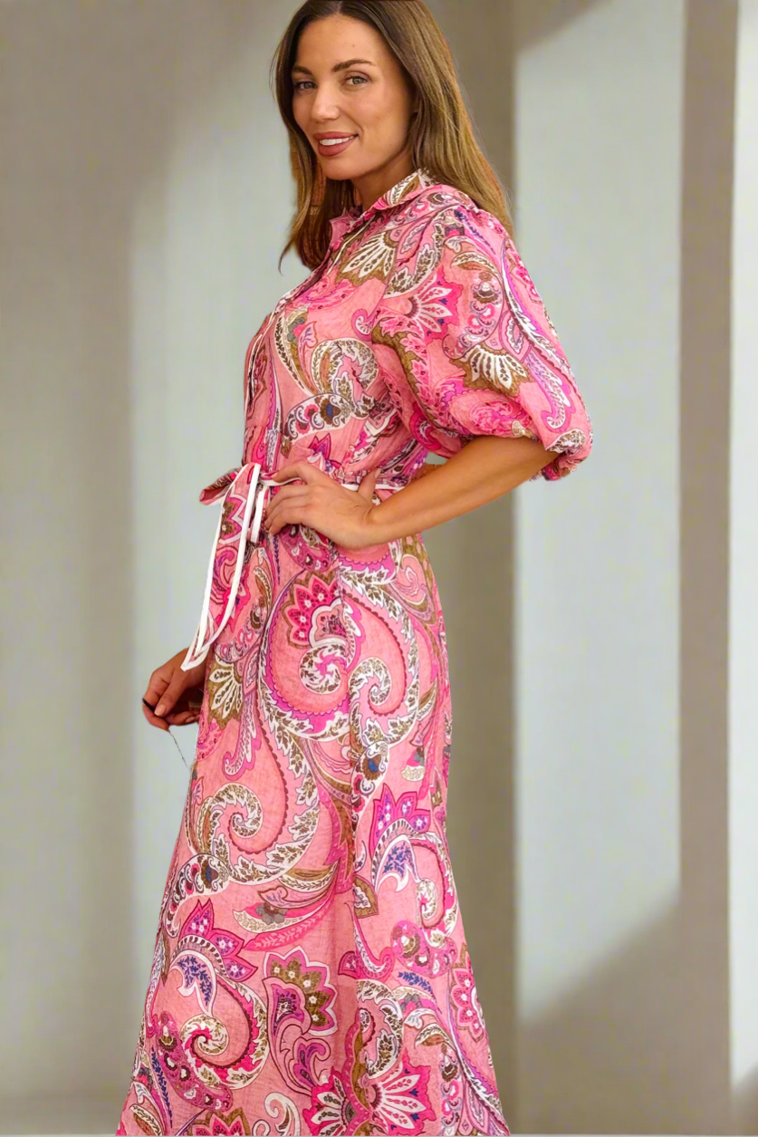 Leah Paisley Midi Shirt Dress – Pink by Aurelia Sun