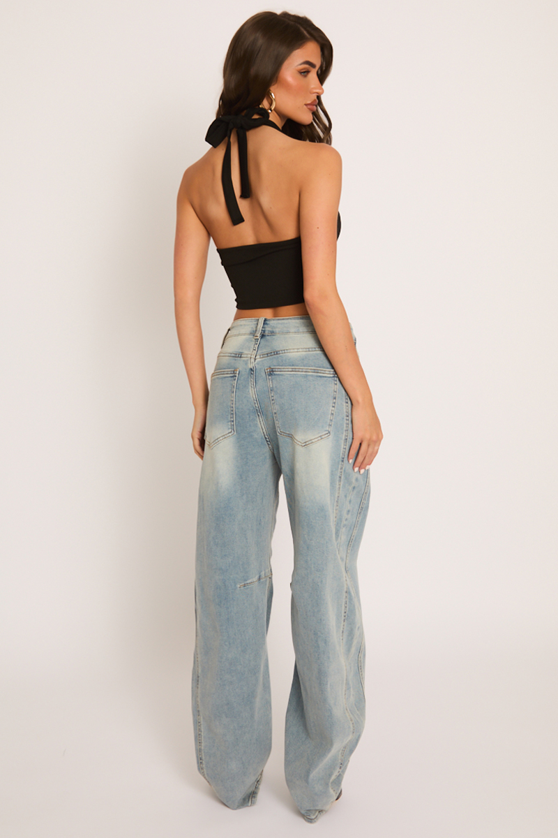 Black Ruched Halter Crop Top