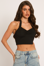 Black Ruched Halter Crop Top