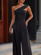 One-Shoulder Pleated Wide-Leg Jumpsuit
