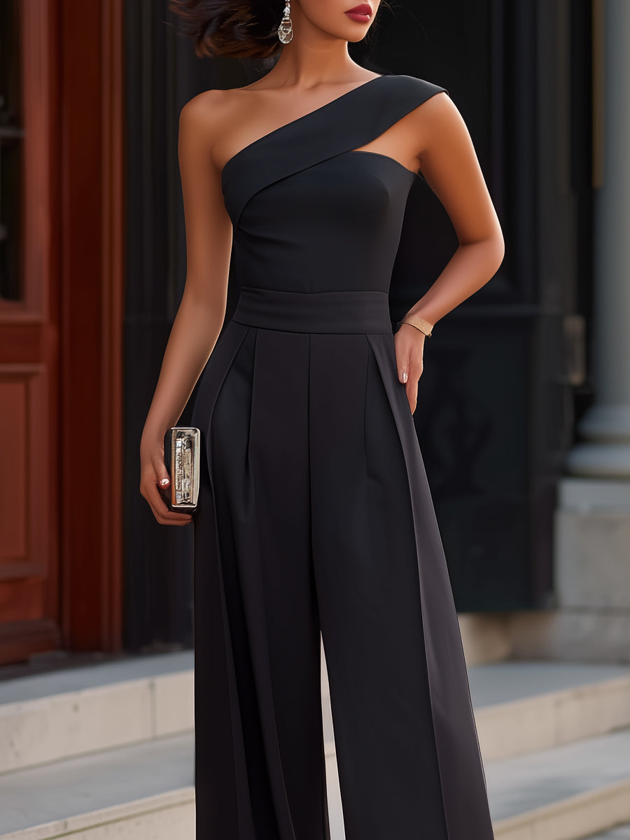 One-Shoulder Pleated Wide-Leg Jumpsuit