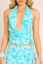 Blue Sequin Cowl-Neck Halter Top