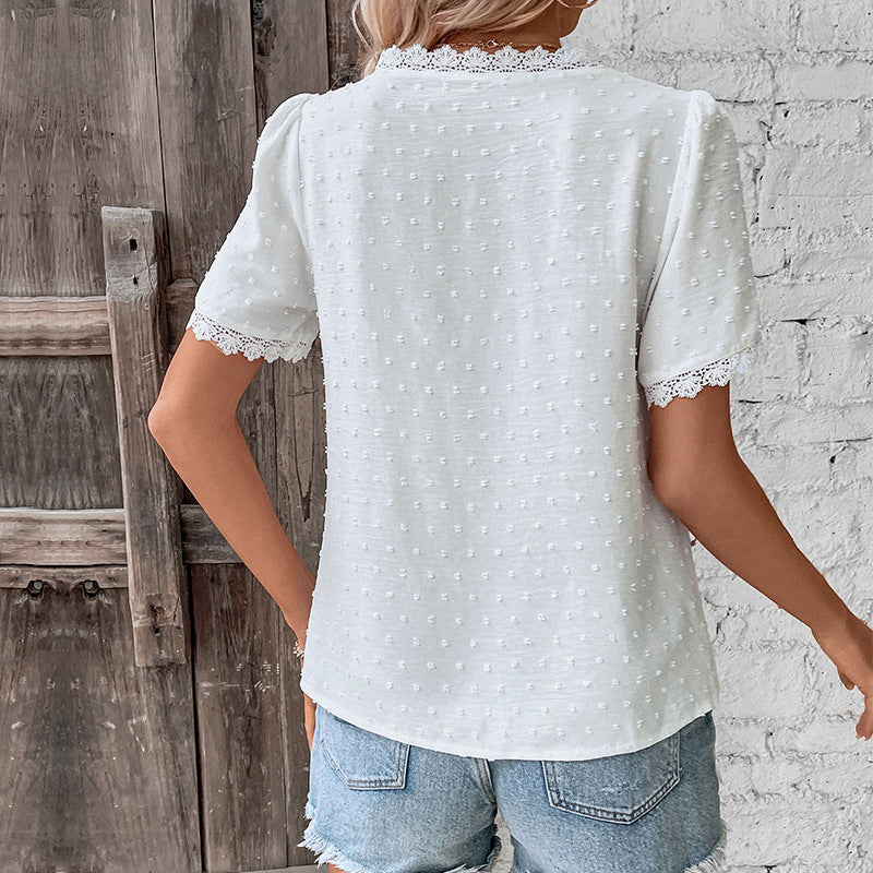 Women's Lace V-Neck Short-Sleeve Blouse – Beige