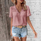 Women's Lace V-Neck Short-Sleeve Blouse – Beige
