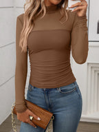 Women's Mock-Neck Long-Sleeve Top – Beige