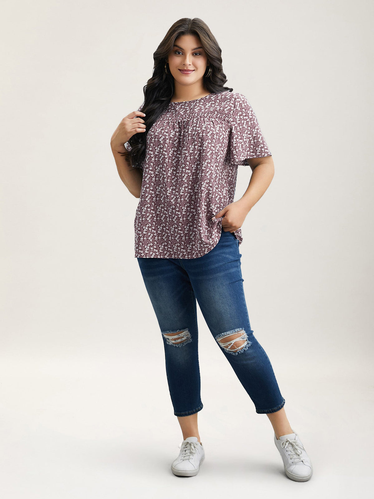 Plus Size Floral Ruffle-Sleeve Blouse