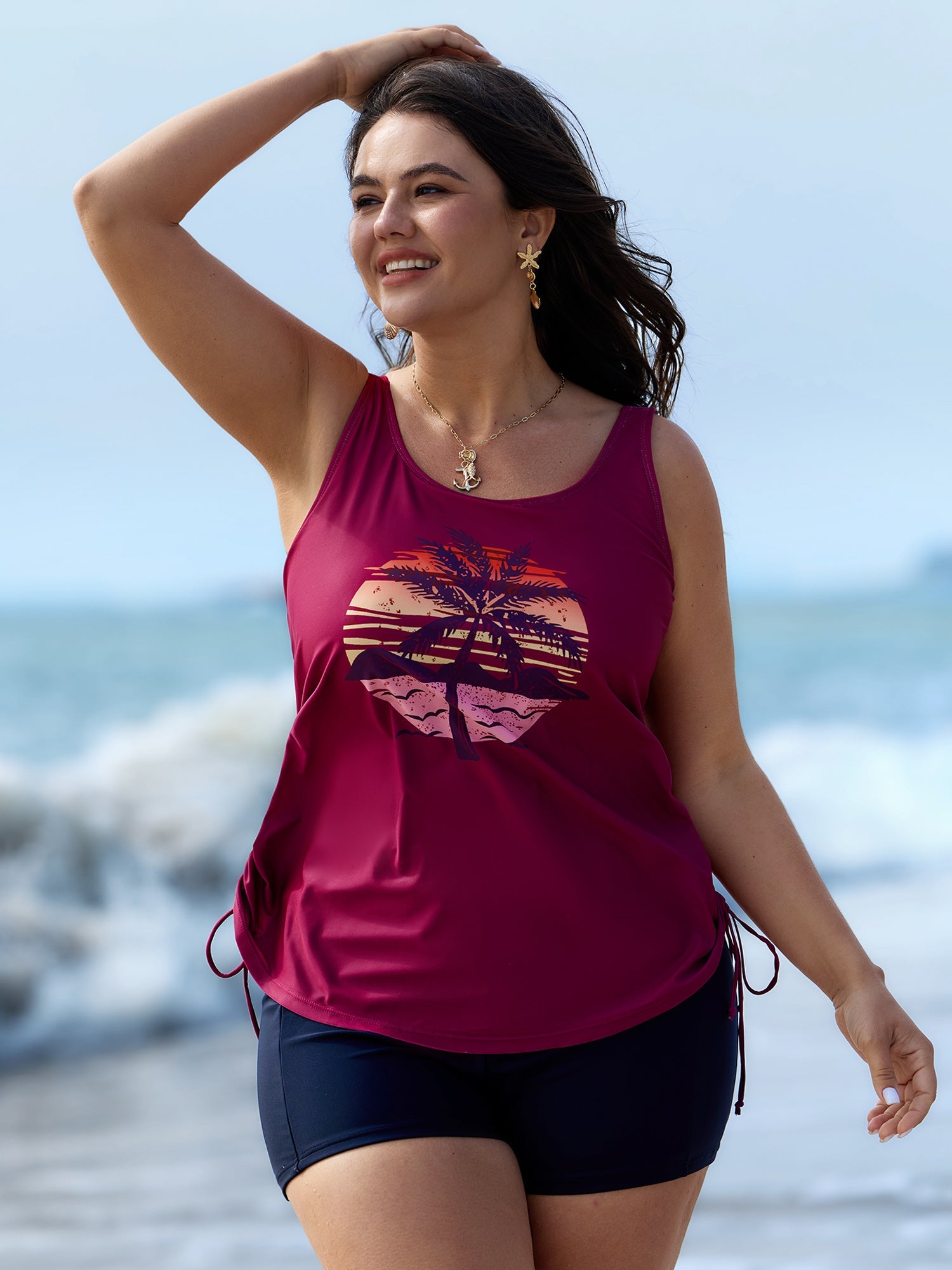 Plus Size Tropical Drawstring Swim Top
