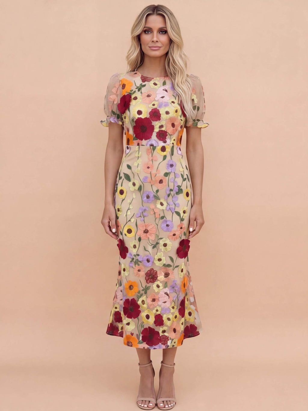 3D Floral Appliqué Midi Dress