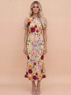 3D Floral Appliqué Midi Dress