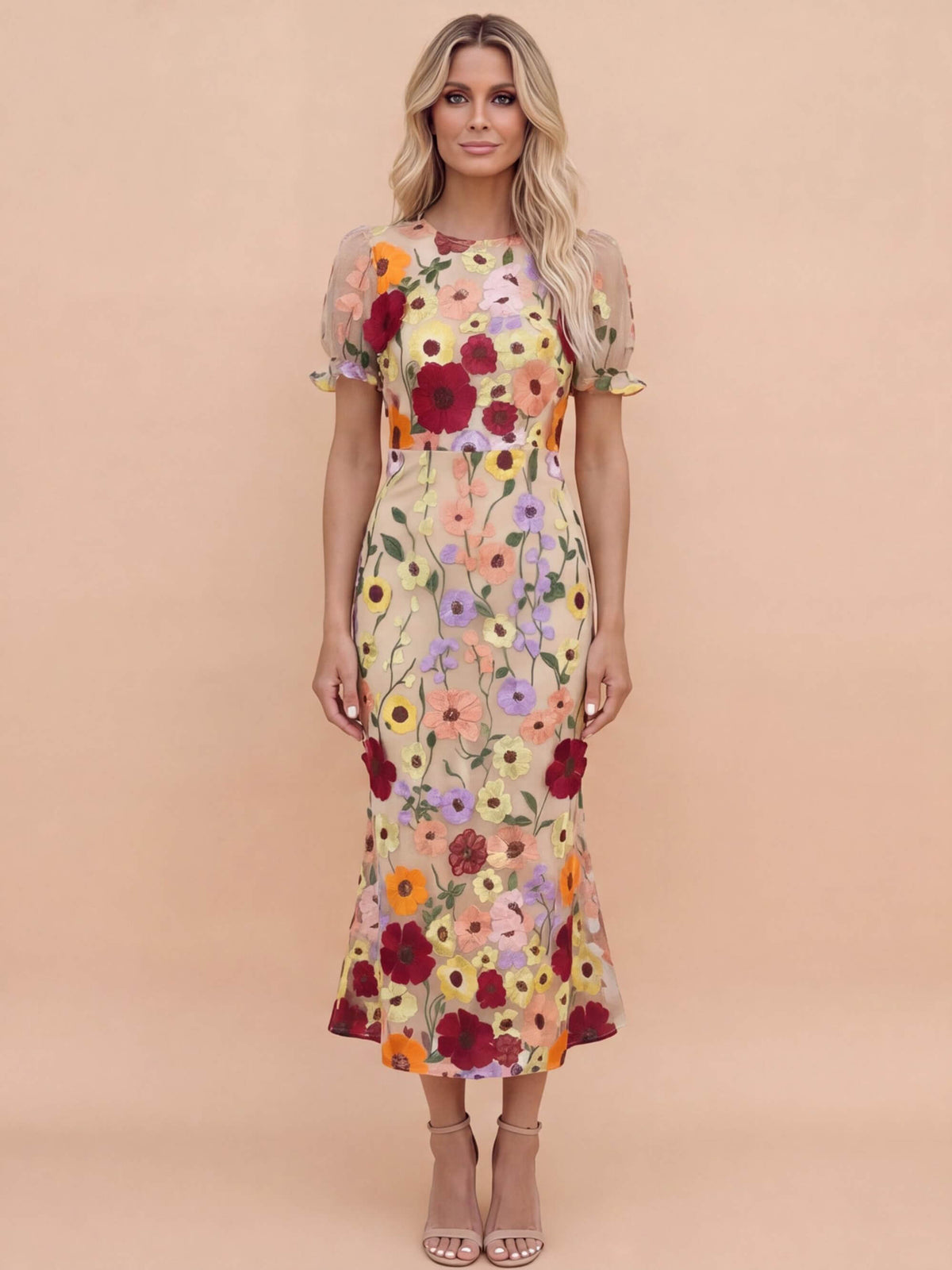 3D Floral Appliqué Midi Dress
