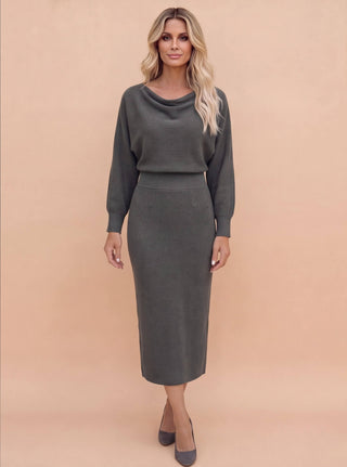 Cowl-Neck Draped Midi Dress