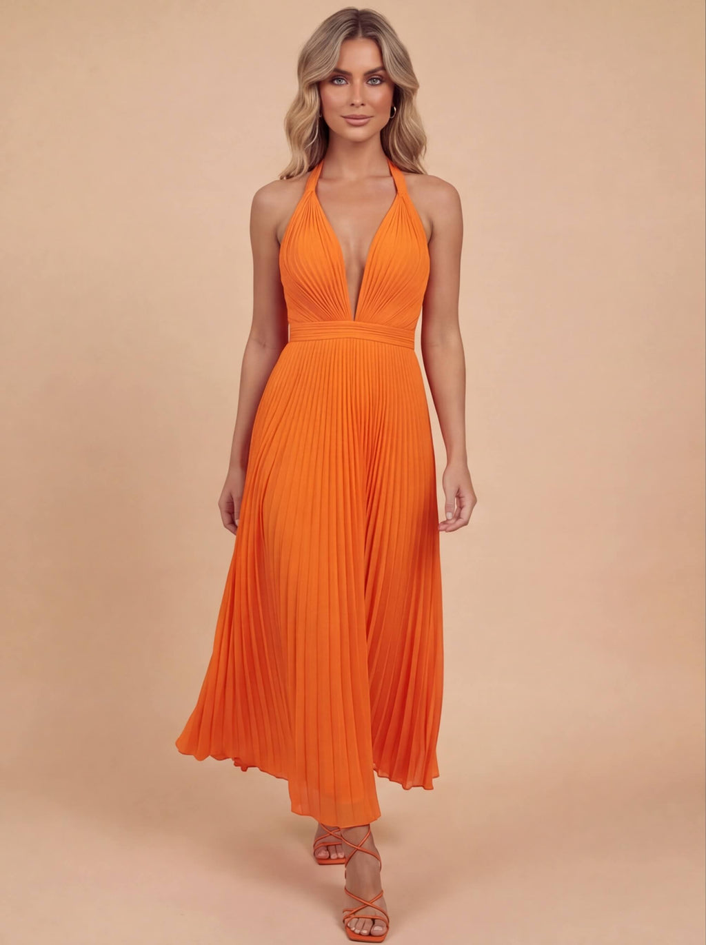 Pleated Satin Halter Maxi Dress